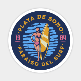 Vintage Playa de Somo, Spain Surfer's Paradise // Retro Surfing 1980s Badge Magnet